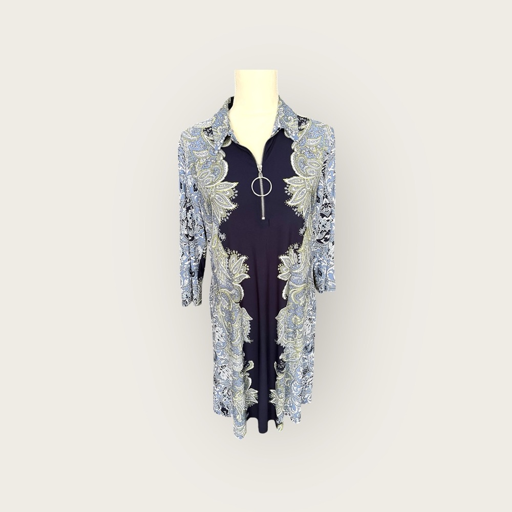 Blue Textured Paisley Quarter Zip Dress